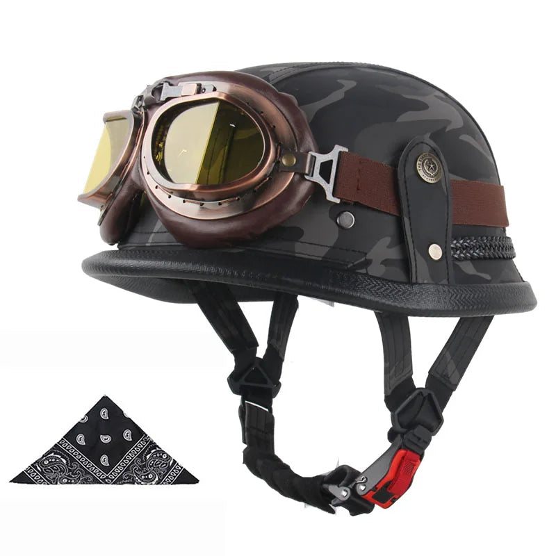 Casque moto vintage army avec lunettes noir militaire