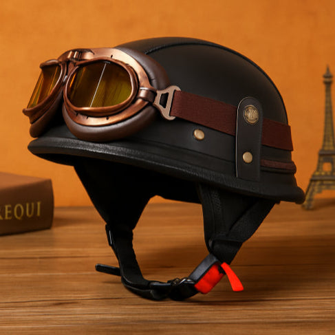 Casque moto vintage army avec lunettes pour balade