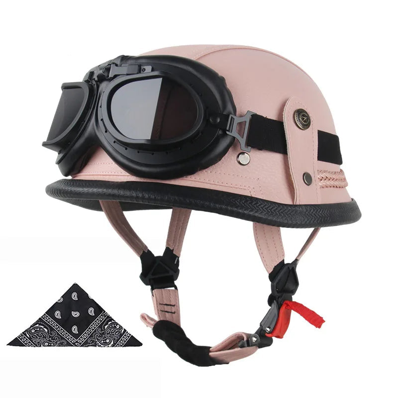 Casque moto vintage army avec lunettes rose
