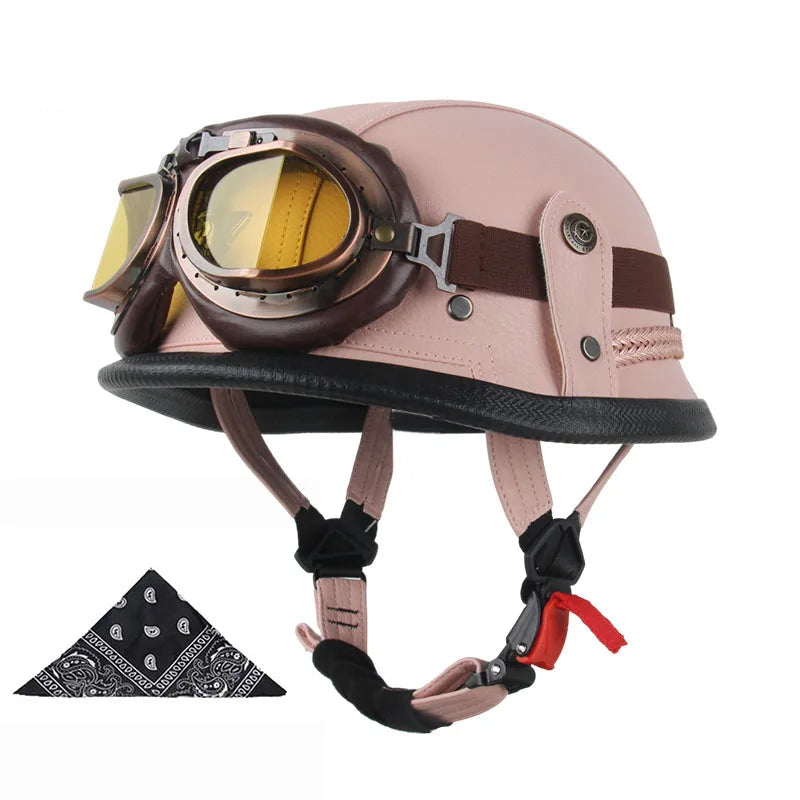 Casque moto vintage army avec lunettes rose marron