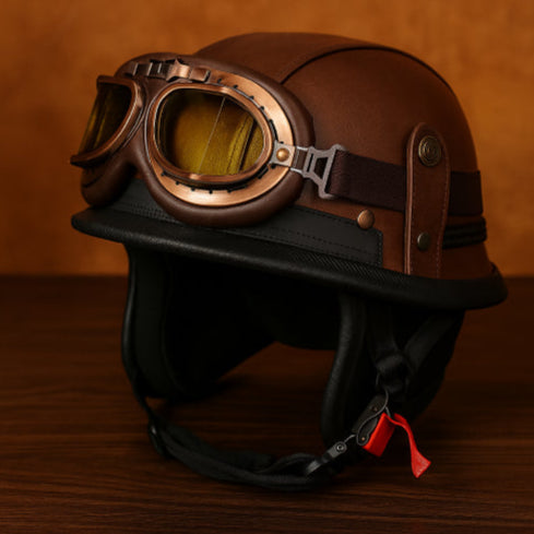 Casque moto vintage army fond marron