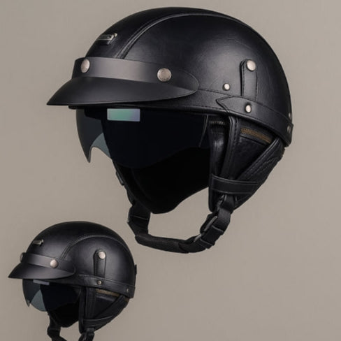 Casque moto vintage avec lunettes noir fond gris