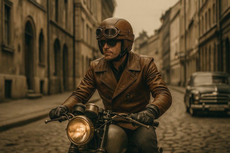 Casque moto vintage avec lunettes rétro