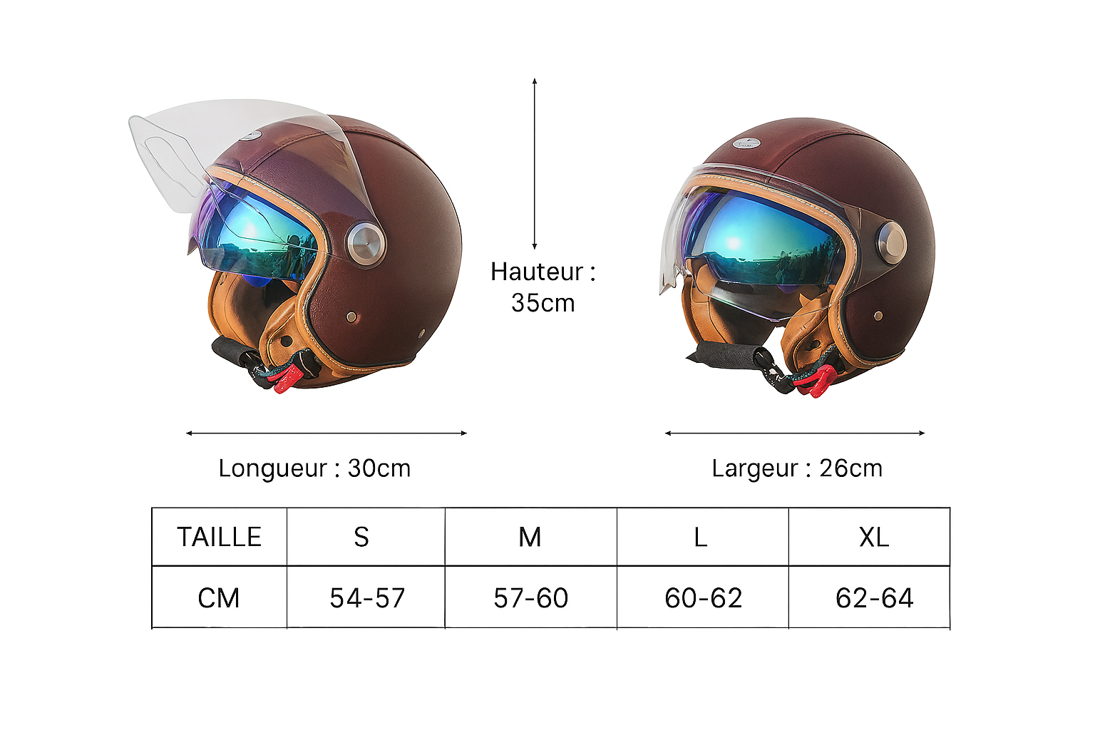 Casque moto vintage en cuir blanc dimension
