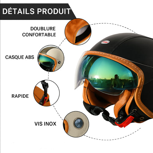 Casque moto vintage en cuir détails