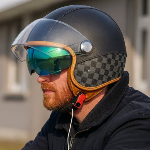 Casque moto vintage en cuir moustache orange