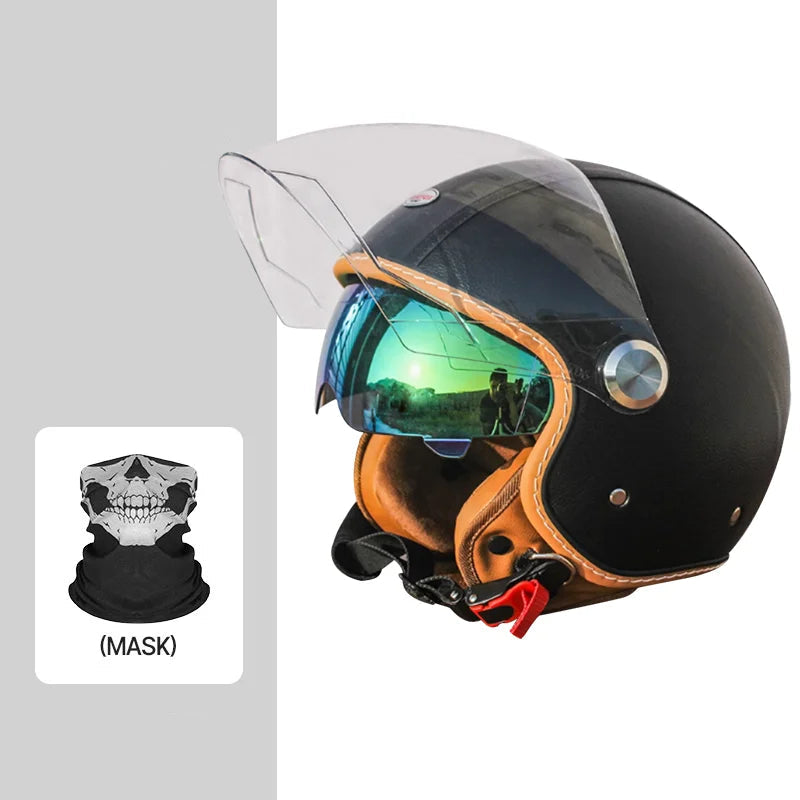 Casque moto vintage en cuir noir