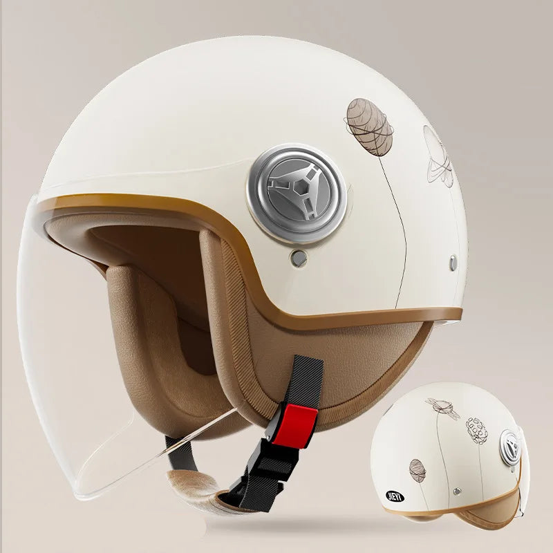 Casque moto vintage fantaisie blanc planète