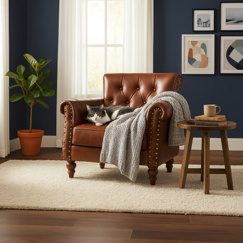 Fauteuil club cuir vintage chat 