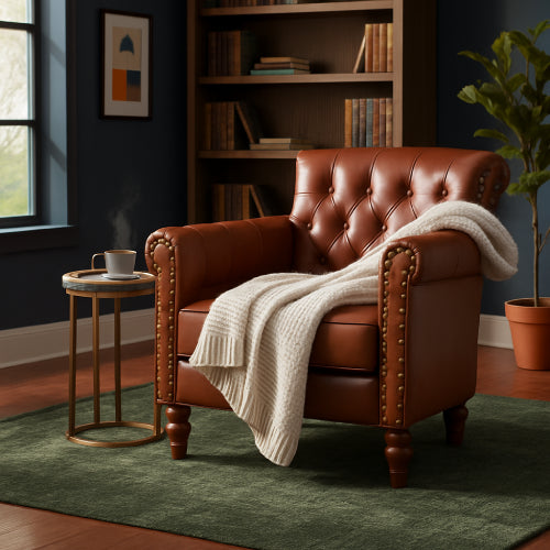 Fauteuil club cuir vintage plaid 