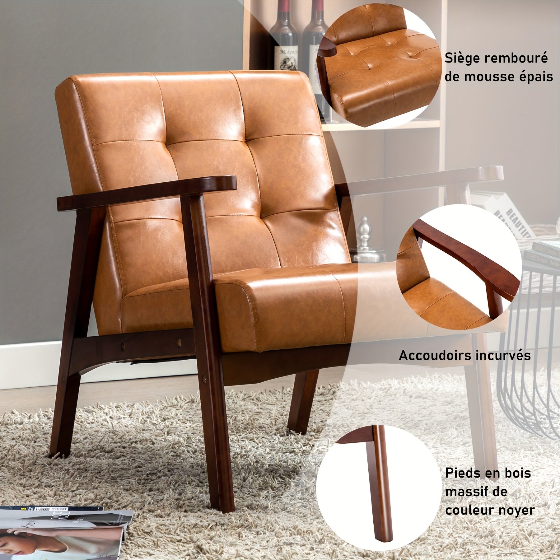 Fauteuil cuir et bois vintage accoudoirs 