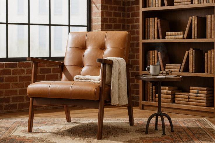 Fauteuil cuir et bois vintage bibliothèque