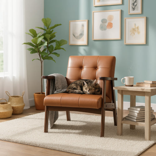 Fauteuil cuir et bois vintage chat 