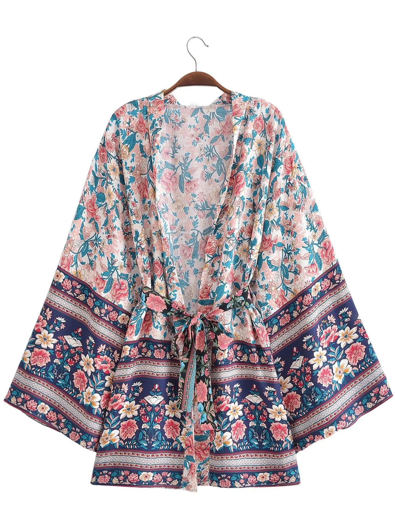 Kimono court vintage bleu blanche