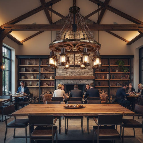 Lampes plafonnier rétro bois rond restaurant 