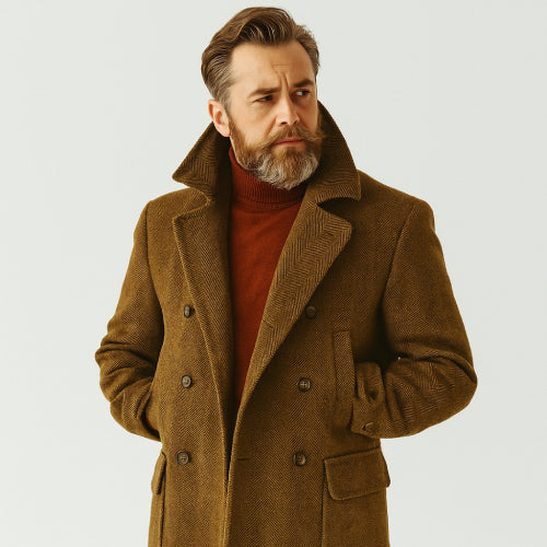 Manteau British vintage camel fond blanc 