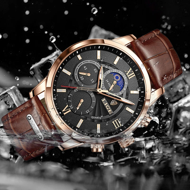 Montre en cuir homme vintage fond noir eau