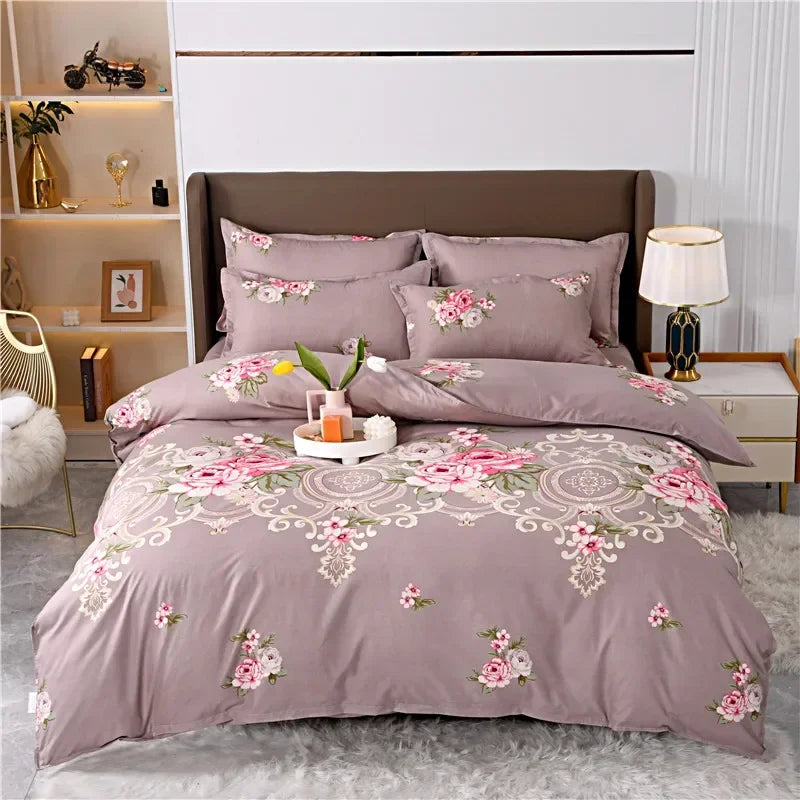 Parure de lit vintage gris fleur rose