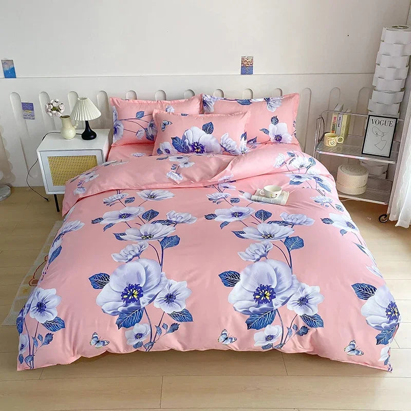 Parure de lit vintage rose fleur bleu blanc