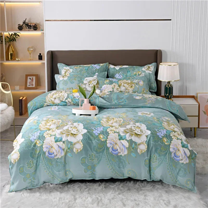 Parure de lit vintage vert fleur blanc