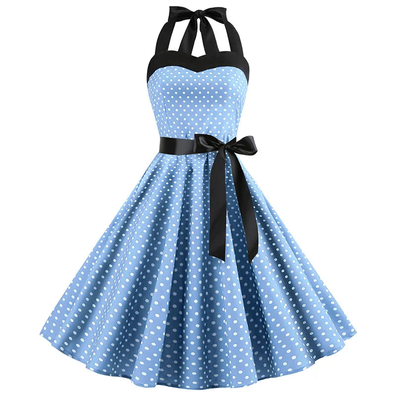 Robe année 50 été bleu petit point