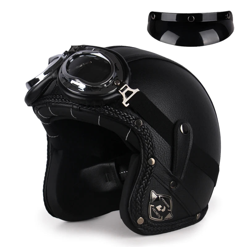 Casque moto rétro avec lunettes peau noir