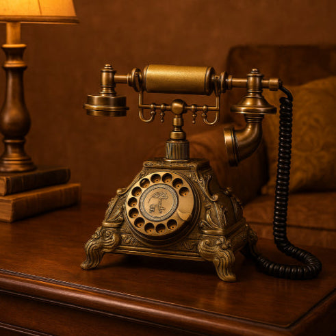 Téléphone vintage doré dans le salon 