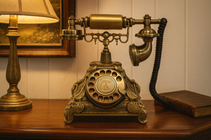 Téléphone vintage doré sur table