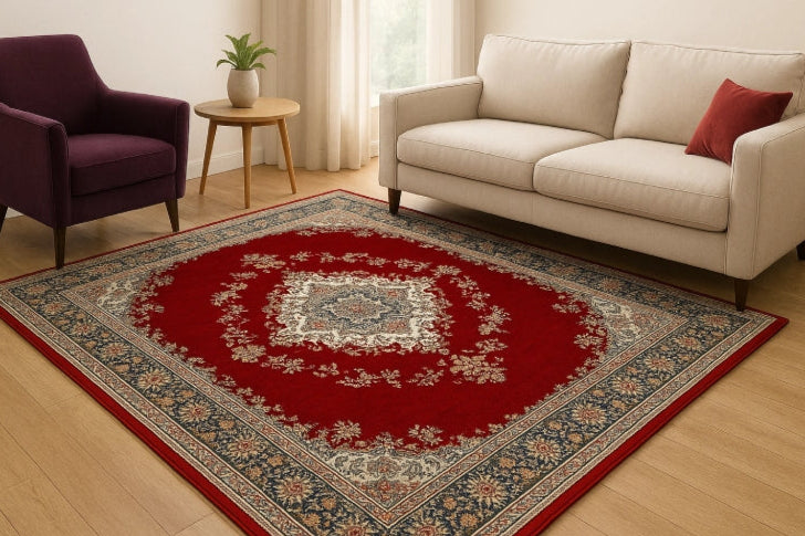 Tapis vintage rouge fauteuils 