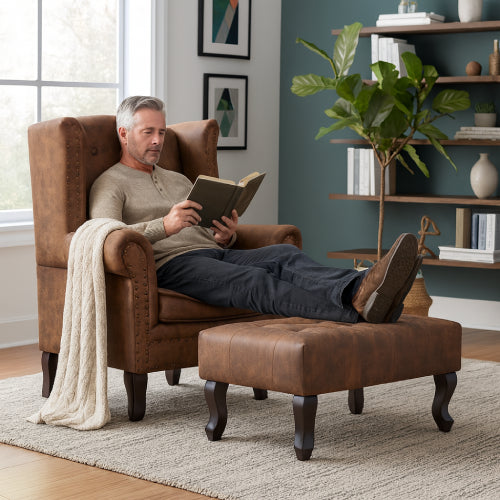 fauteuil chesterfield cuir vintage lisant 